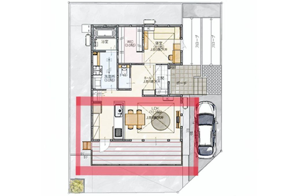 「平屋+ウッドデッキ」の間取り図