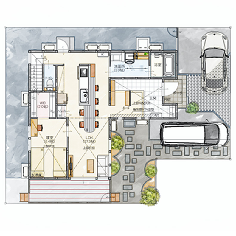 「平屋+ロフト」の1階間取り図
